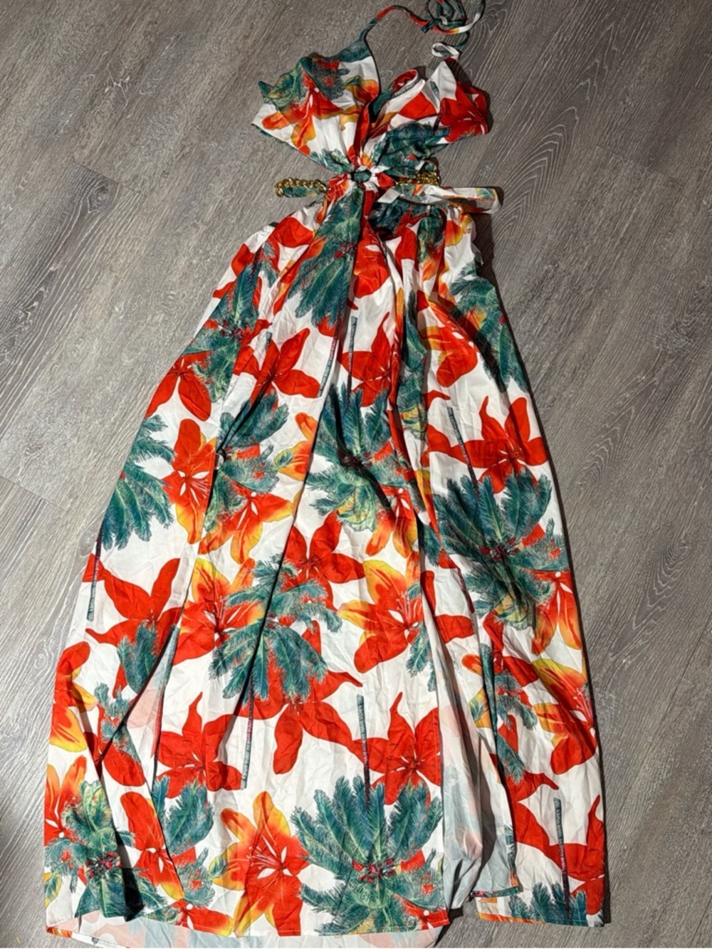White Backless Maxi Dress with Red & Green Floral Print
